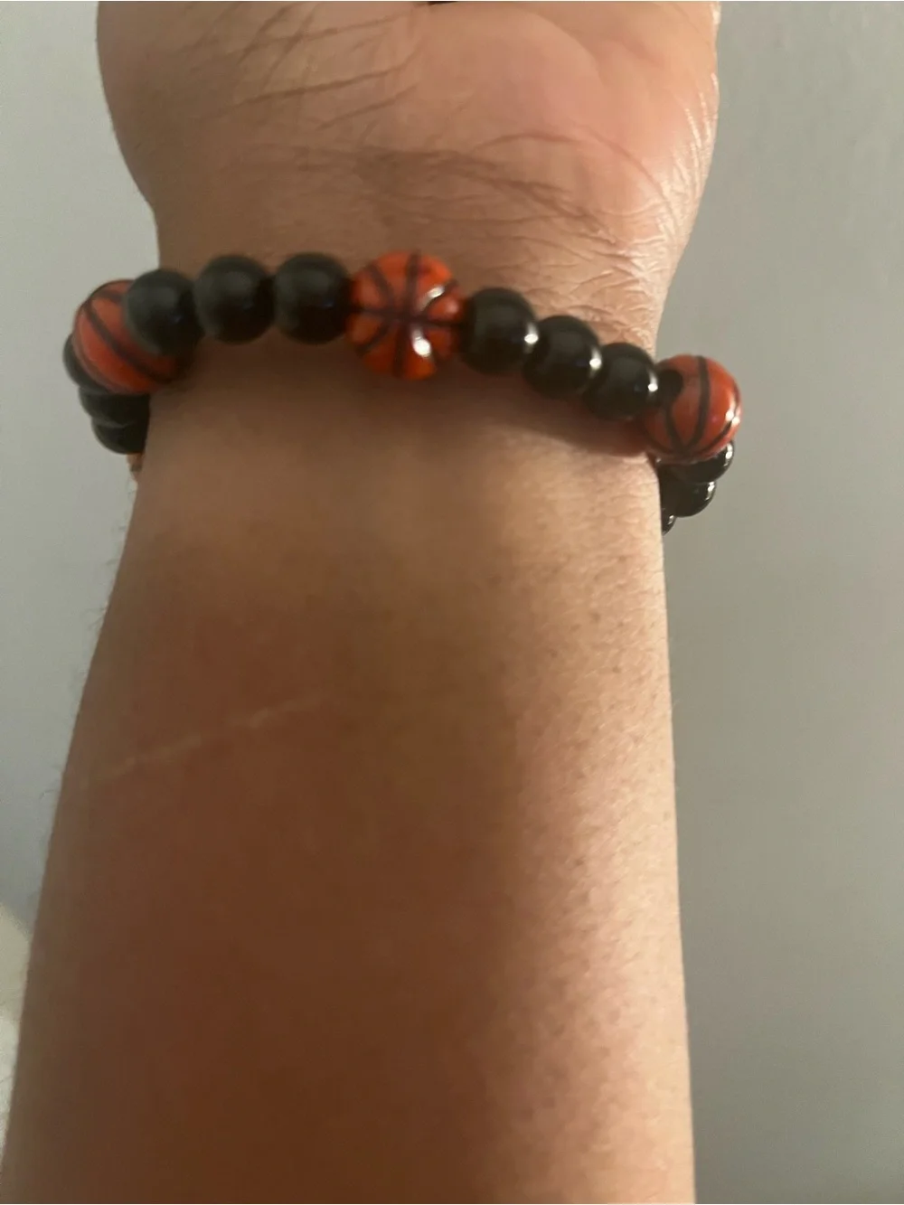 Men's Black and Orange Bead Bracelet with Basketball Accents